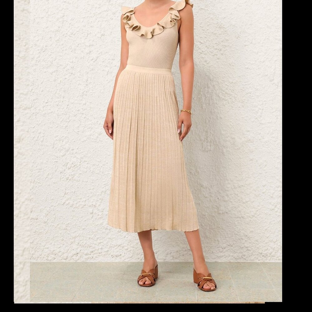 Zimmermann Cream Lurex Halliday Rib Midi Skirt Metallic Knit Size 0 / XS